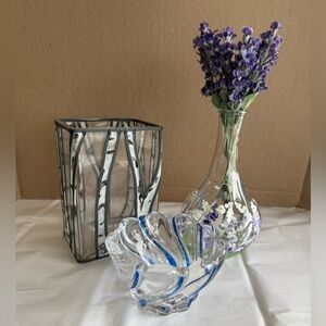 Grouping of 2 Hand-Painted Glass Vases + Small Swirl Glass Votive Candle Holder